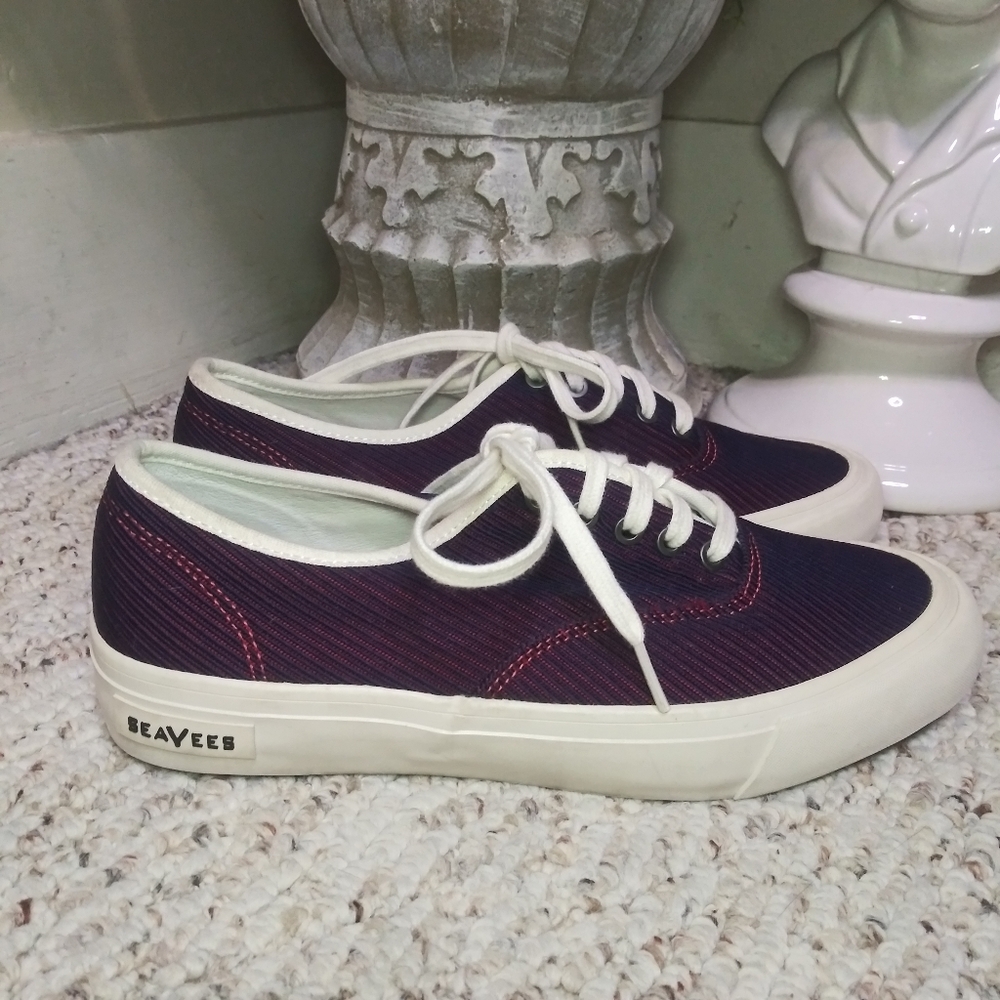 SeaVees X Derek Lam 10 Crosby Navy & Red Textured Stripe Fabric Legend Sneakers - Picture 1 of 9